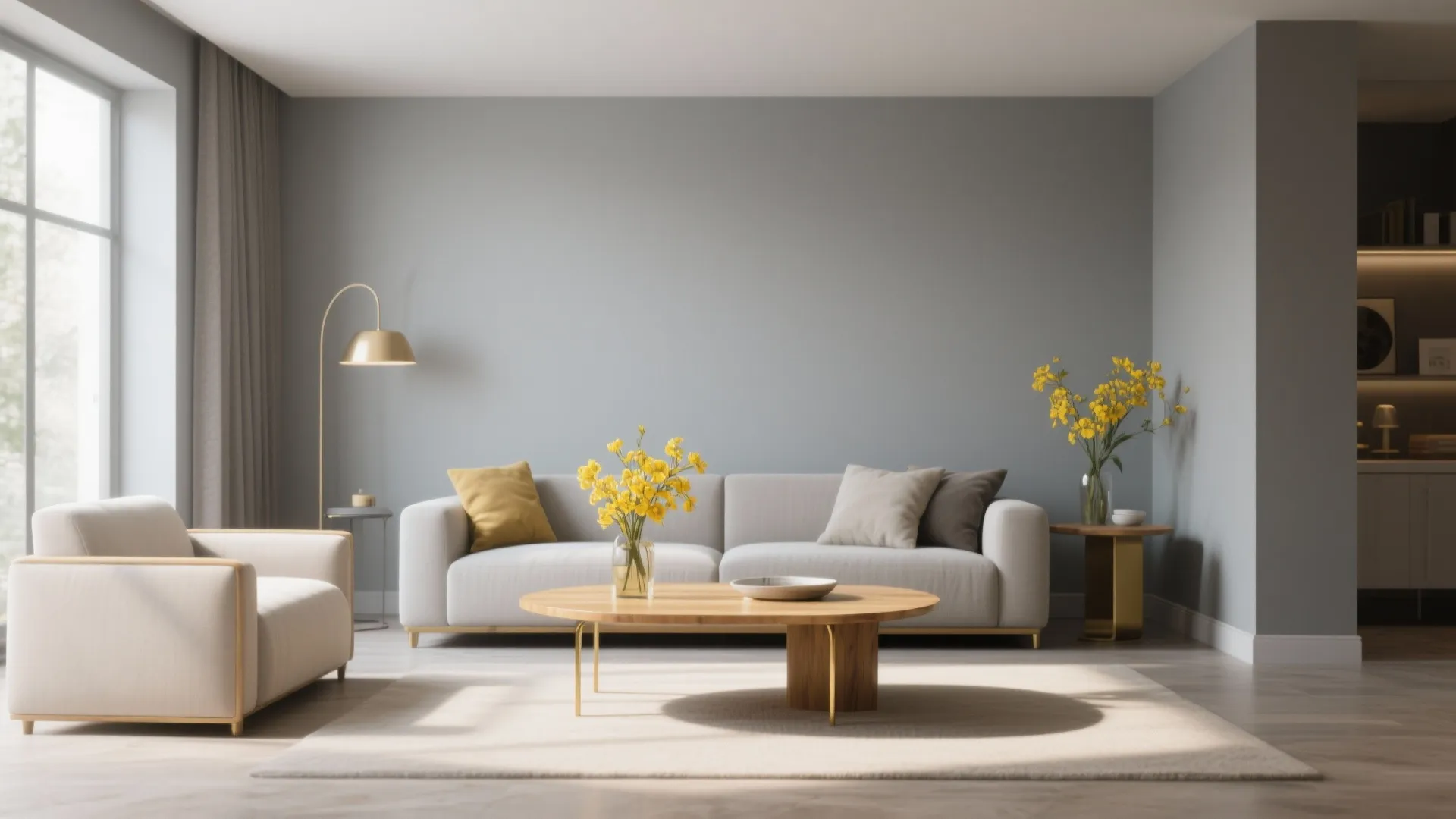 5. Soft Gray Walls and a Golden Oak Coffee Table