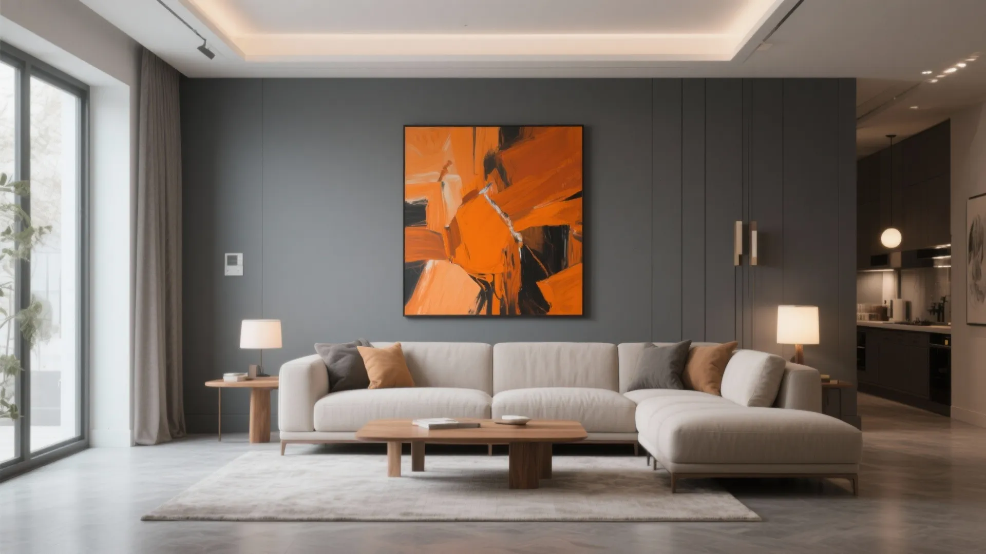 6. Gray Walls with Orange Art Highlights