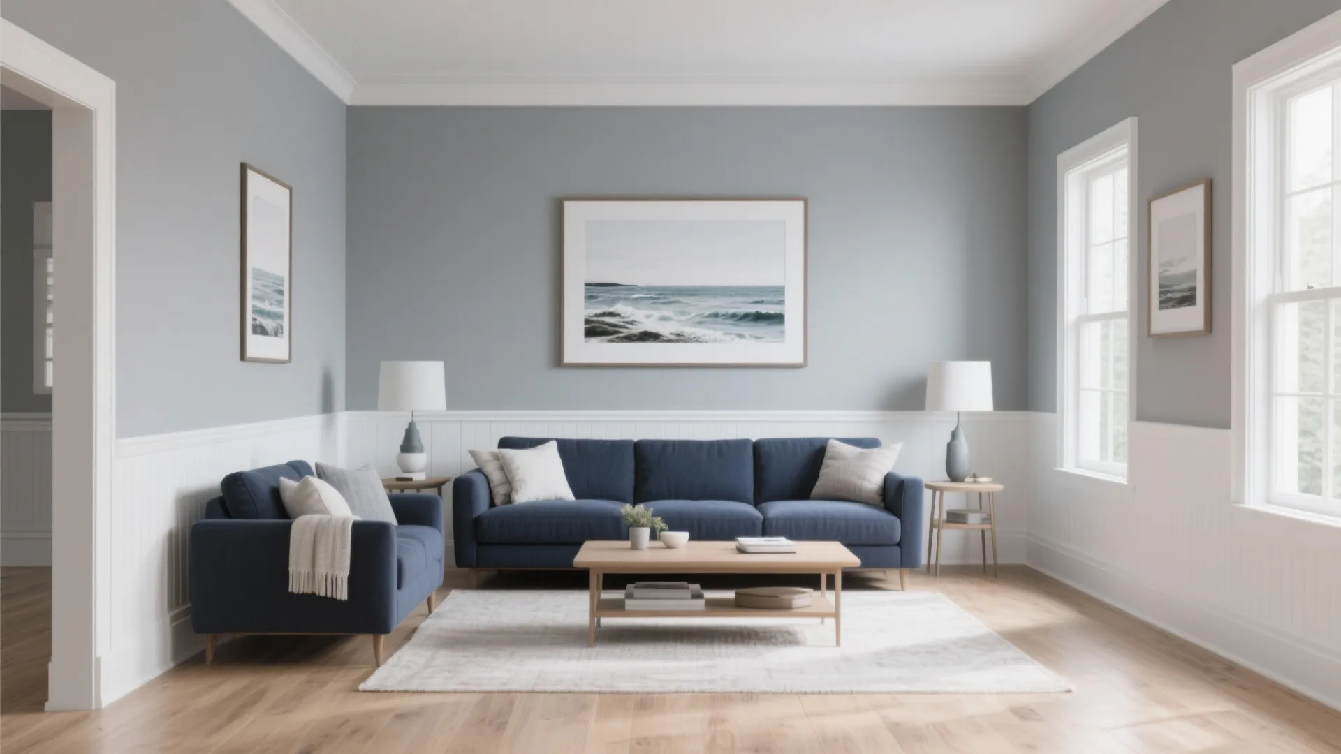 Living room with grey walls white wall panel blue sofa wooden floor and beach wall art
