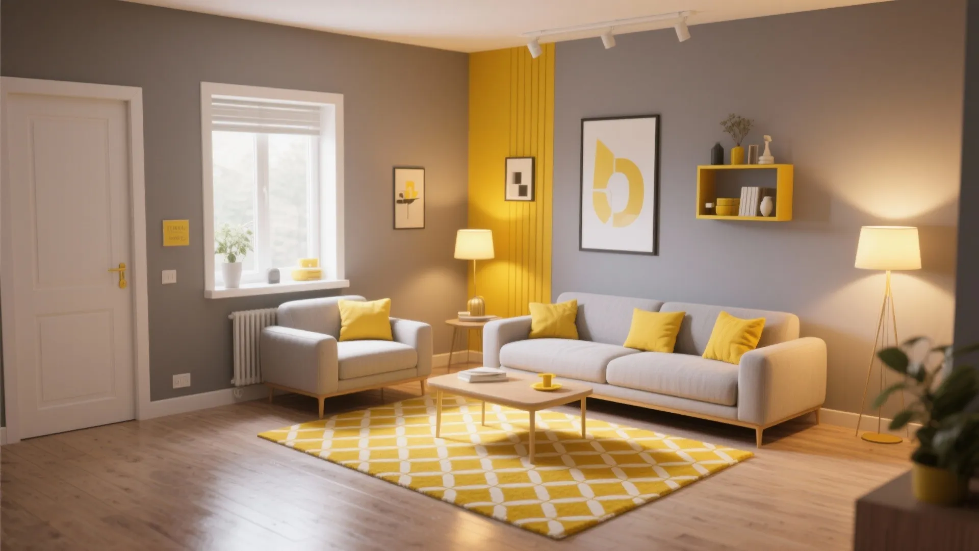 2. Gray Walls with Yellow Patterned Rug