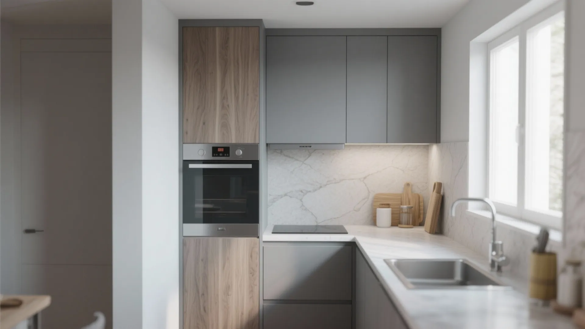 Modern kitchen with grey cabinets walnut wood tall unit marble backsplash and a built-in oven