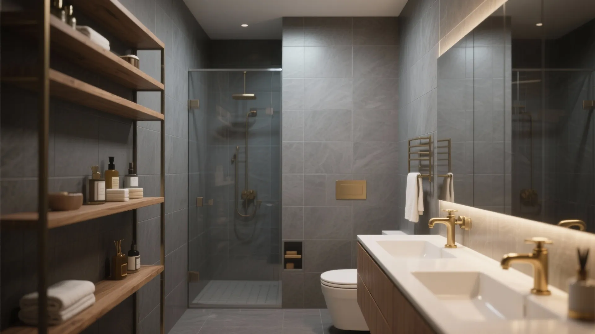 Bathroom with muted gray tiles, oak shelving and brass accents for warmth and sophistication.