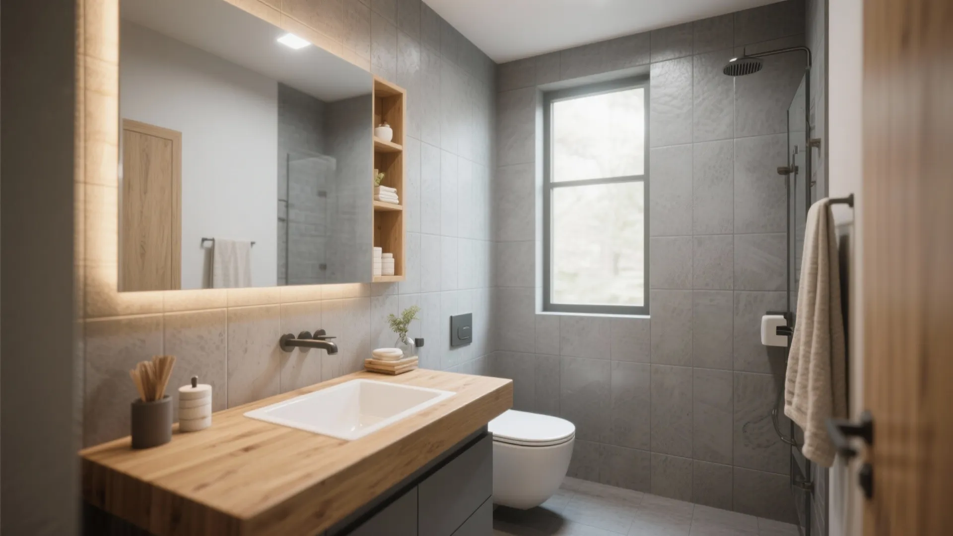 Modern bathroom with wooden countertop sink lit mirror gray wall tiles white toilet and shower