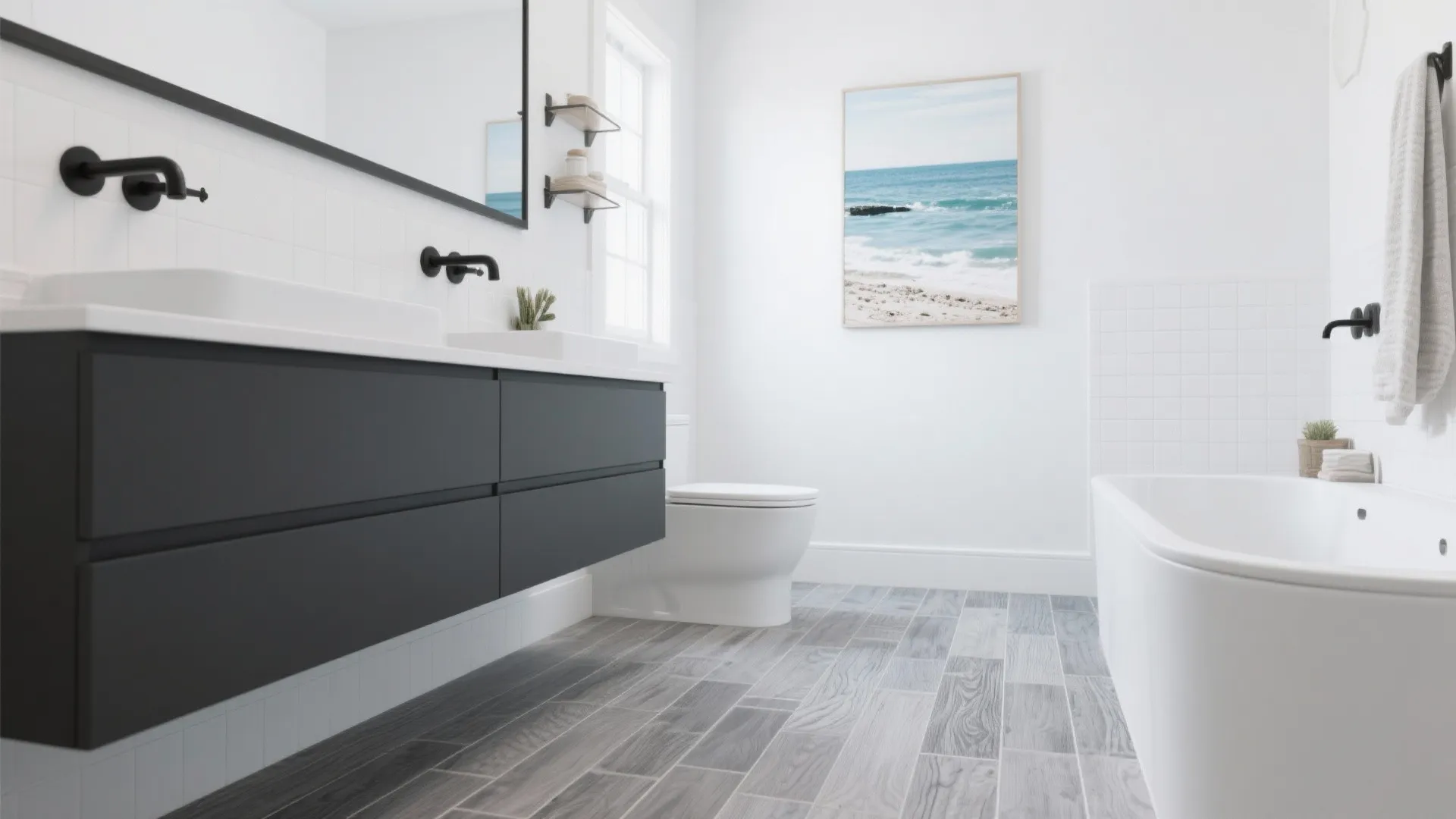 Modern white bathroom with black cabinet and gray wood look floor tiles and a bathtub