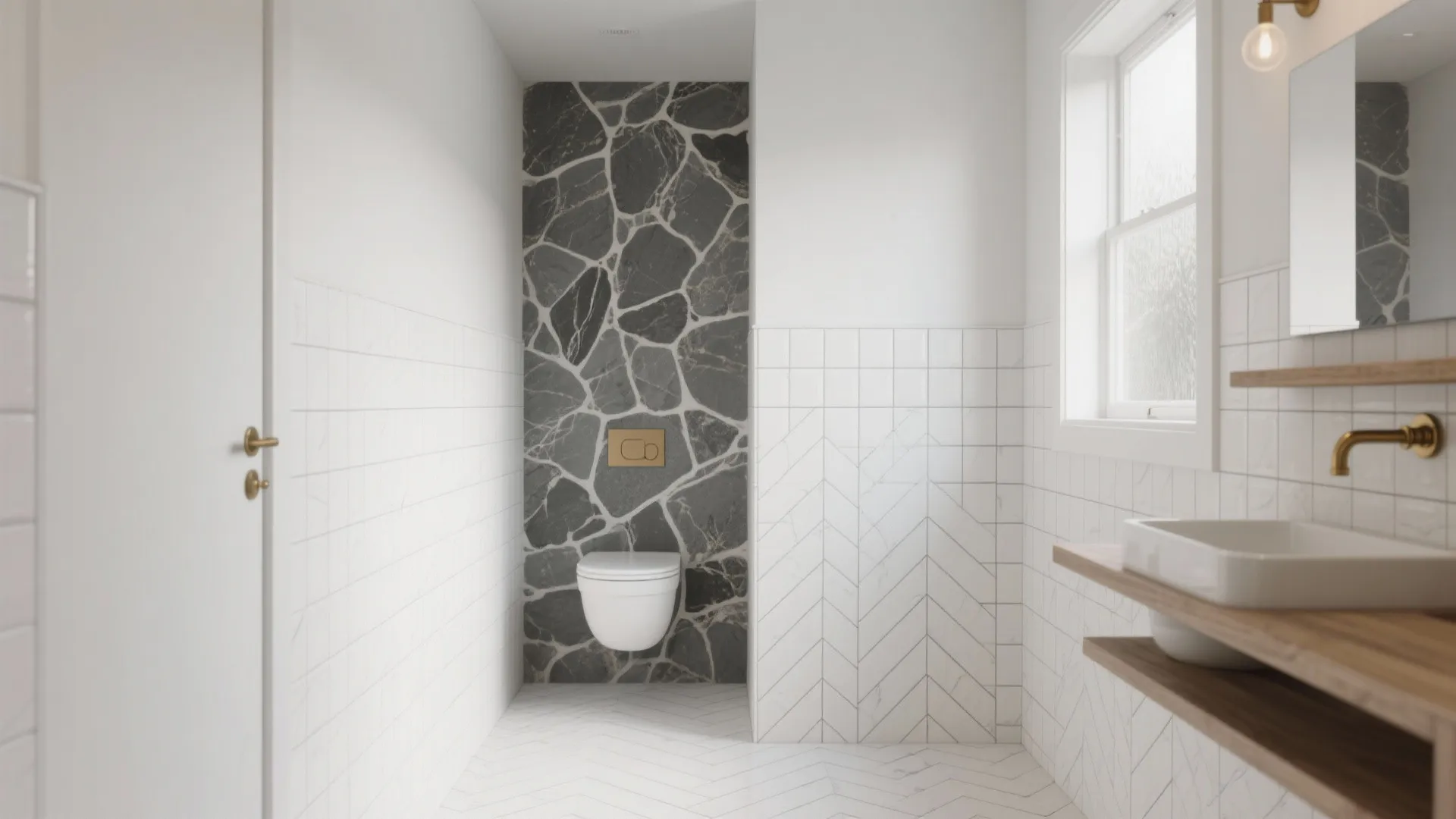 Modern bathroom featuring dark stone feature wall with white toilet white tiles and wooden shelf