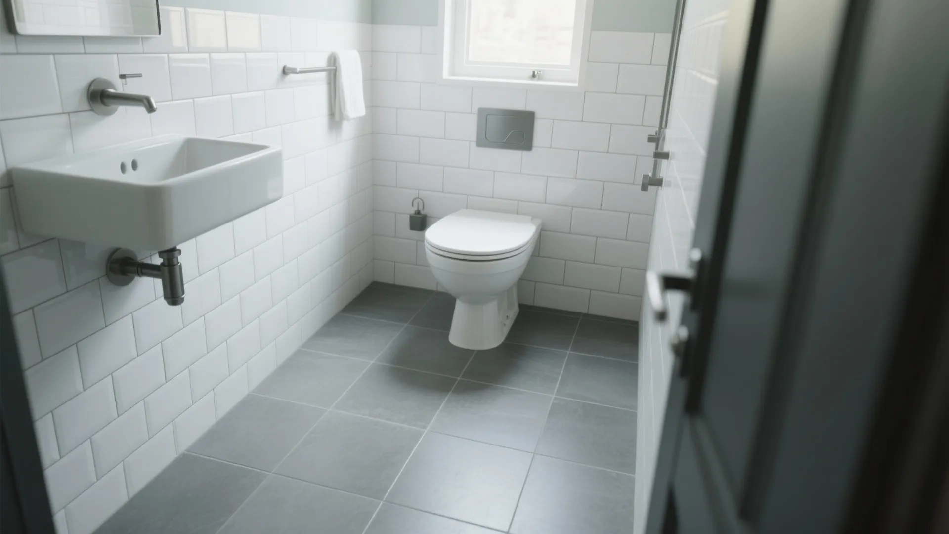 Modern bathroom with white wall tiles grey floor tiles white sink and a white toilet