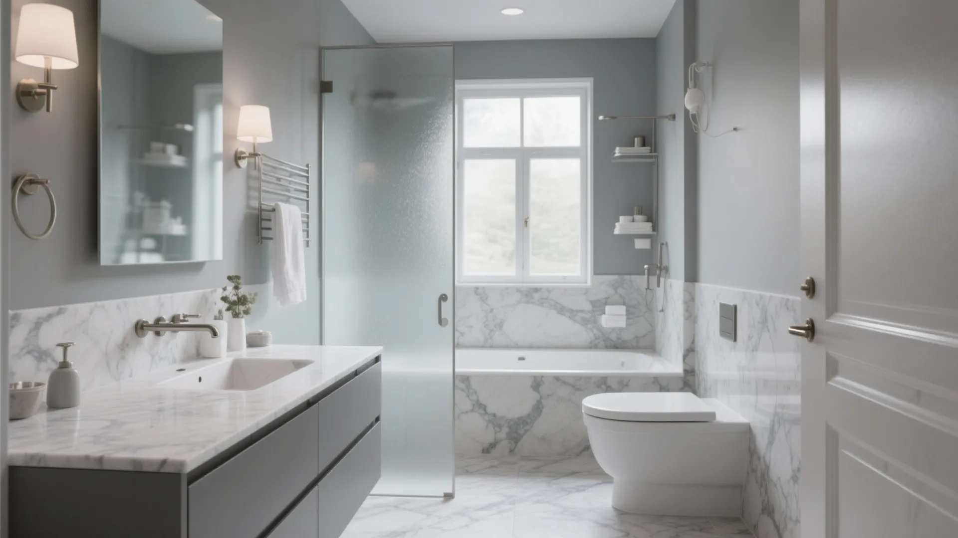 Modern bathroom with marble walls and bathtub plus a grey cabinet and large mirror design
