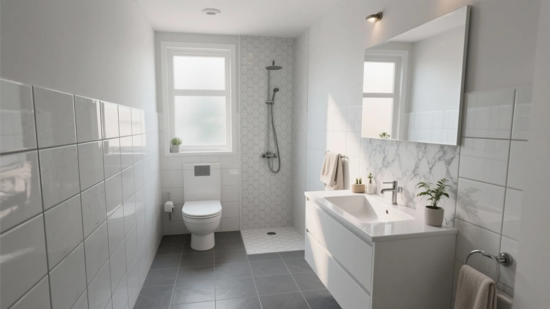Modern white bathroom with marble tiles and grey floor featuring a shower and white sink