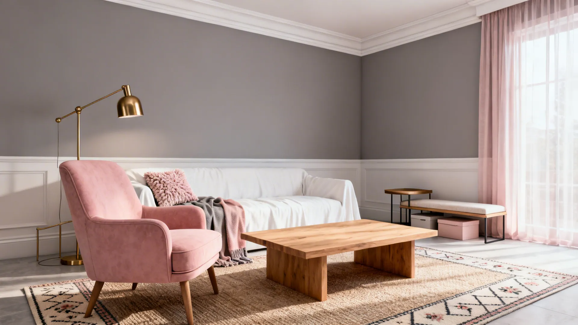 Living room with pink armchair white sofa wooden table floor lamp and light pink curtains