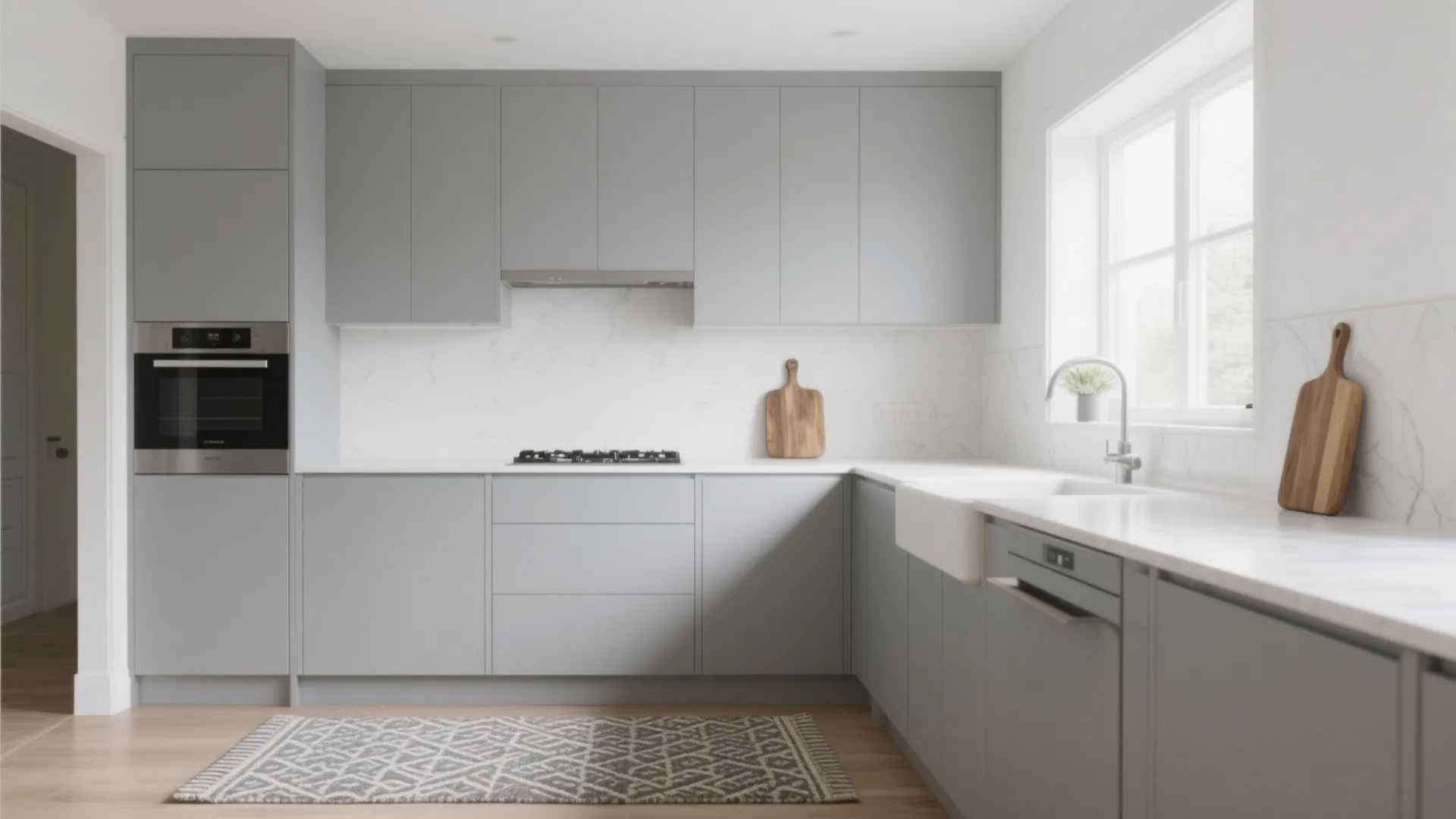 Dove-gray kitchen cabinets paired with crisp white countertops and textured wood accessories.