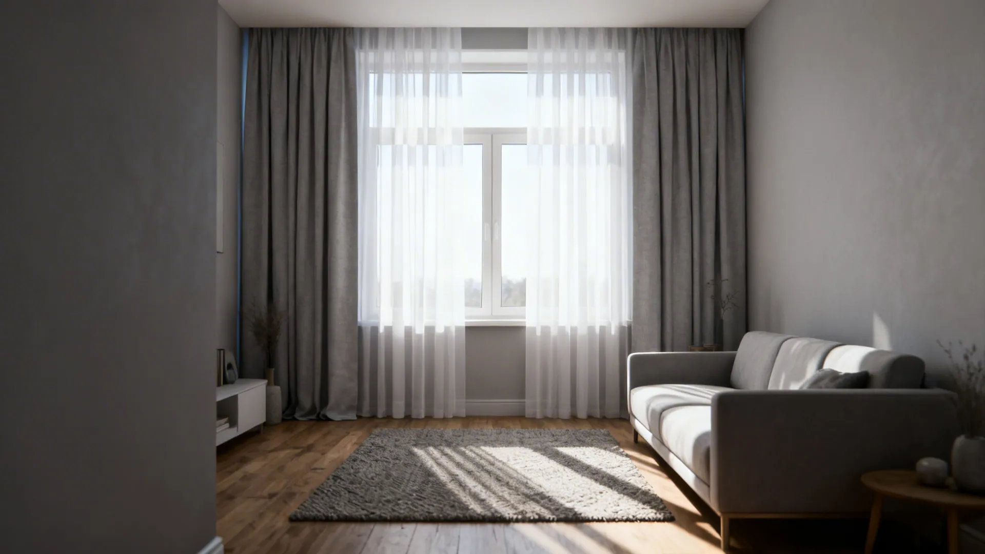 Living room with gray curtains and white sheer curtains over a window with gray sofa
