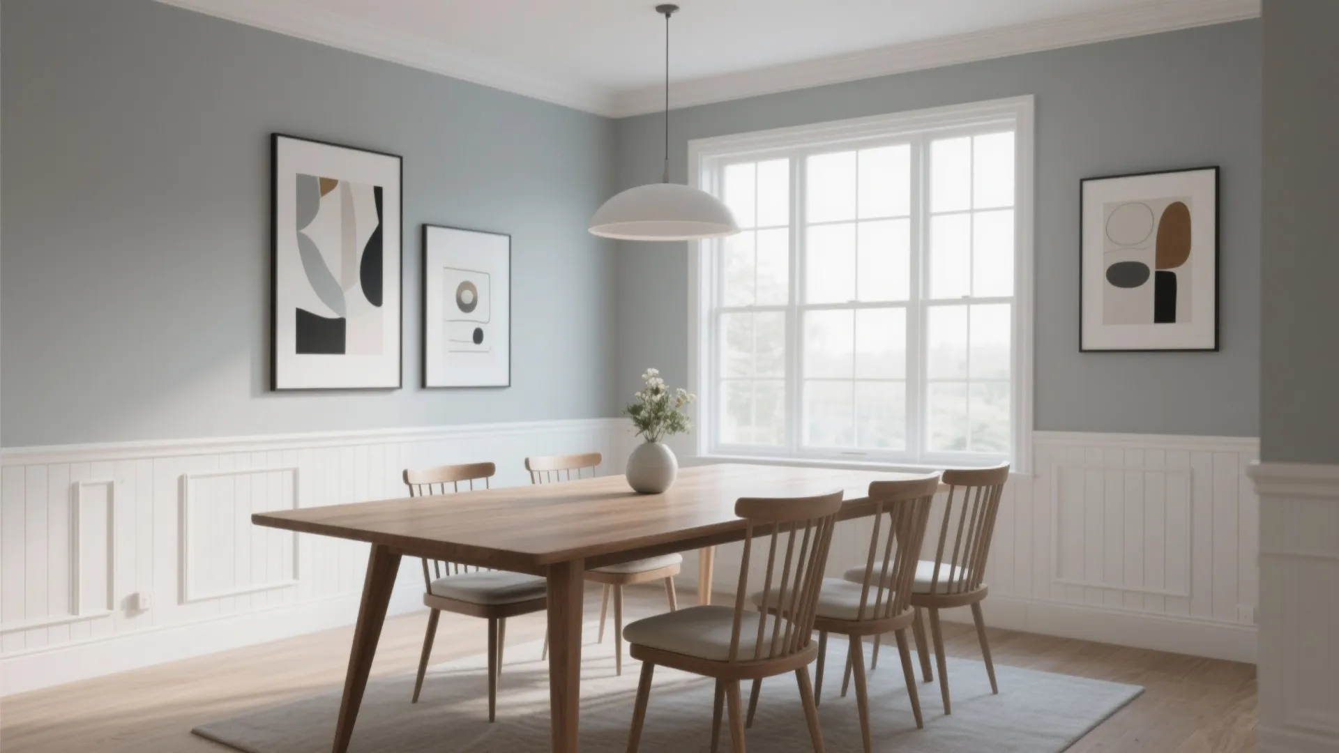 Modern dining room with gray walls white wall panels wooden table four chairs and ceiling light