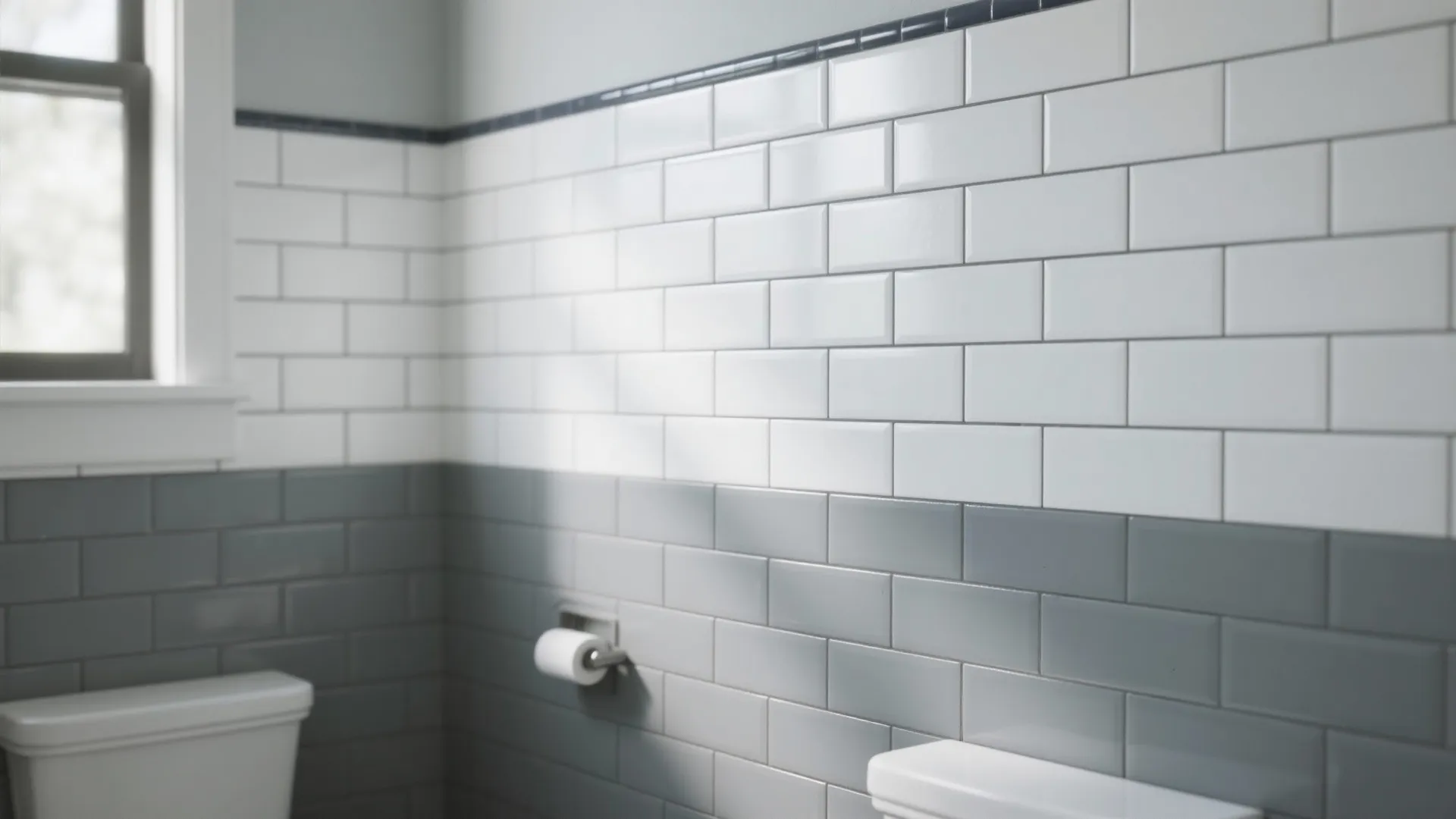 Modern bathroom wall with white and grey tiles arranged in a clean brick pattern design