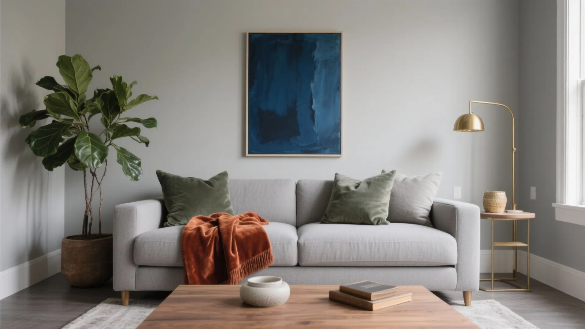 Modern grey living room with blue wall art green pillows orange blanket and floor plant