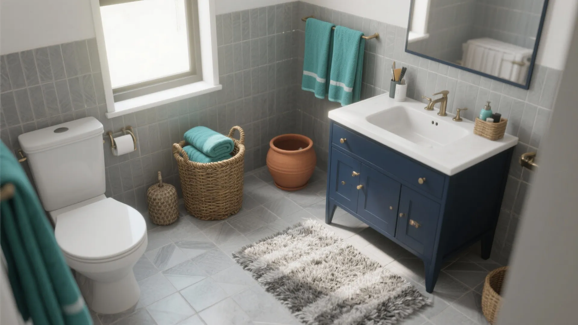 Modern bathroom with blue cabinet white sink toilet gray wall tiles and teal towels in baskets
