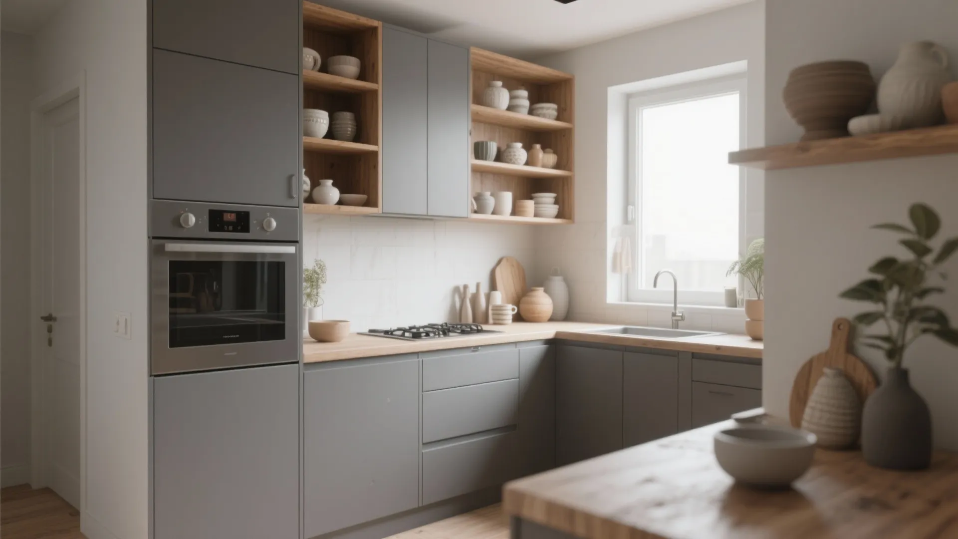 Modern kitchen with grey cabinets wooden open shelves for dishes built in oven and large window