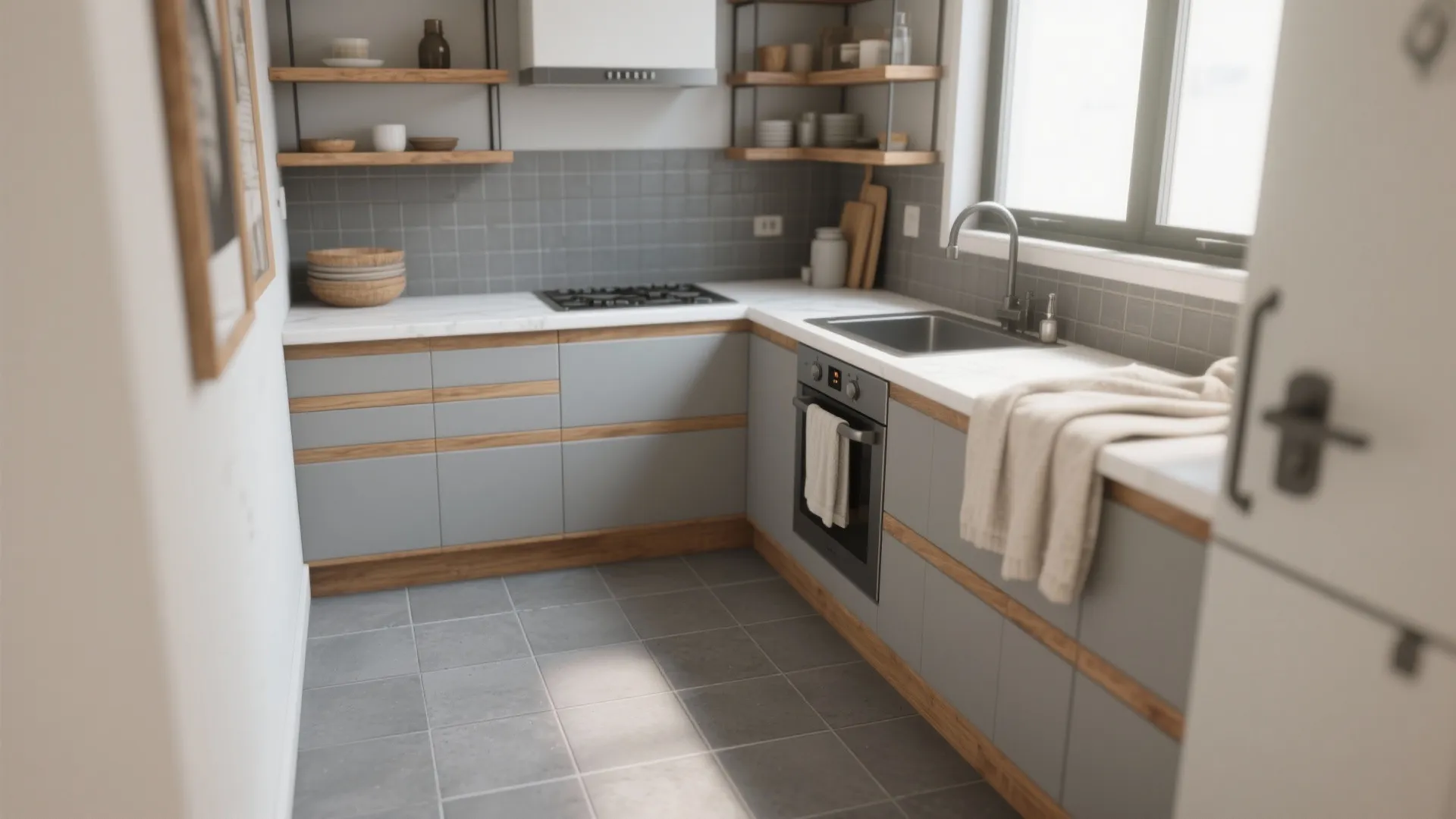 5. Combine gray floor tile with warm wood accents