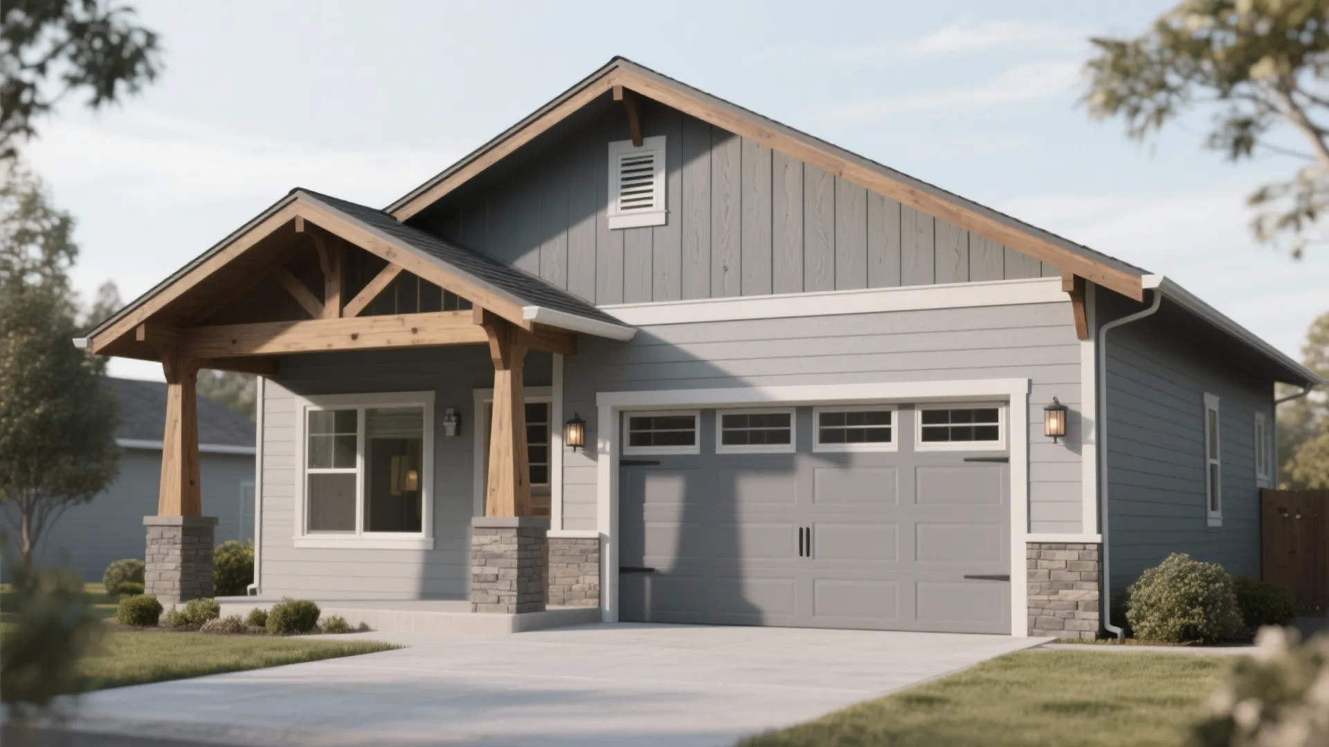 Modern grey house with wooden porch pillars stone base large garage door and green lawn