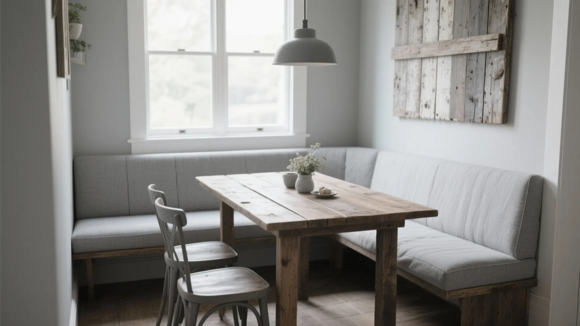 Dining corner with a wooden table grey sofa bench two chairs and a grey lamp
