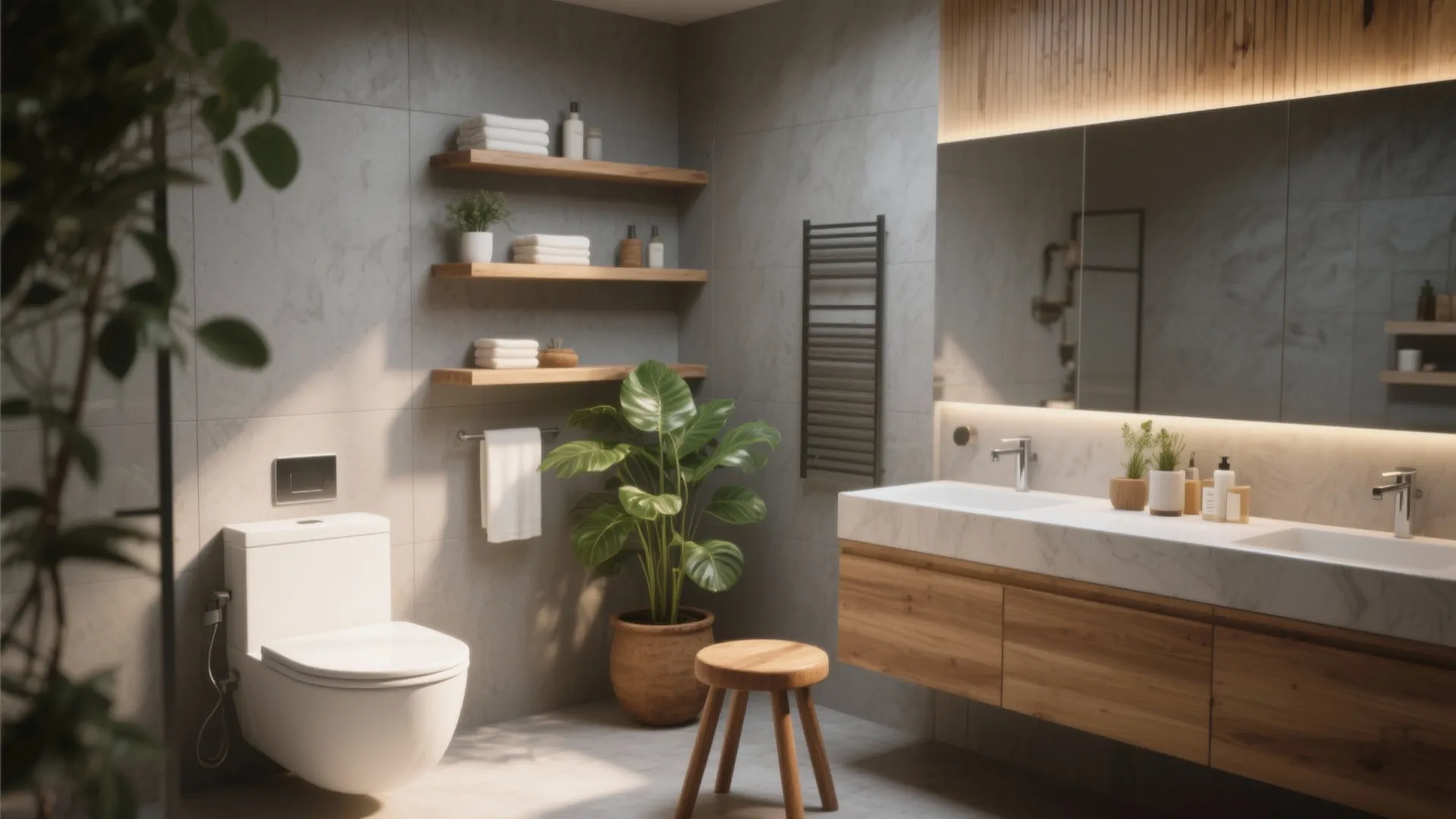 Modern bathroom featuring wooden cabinet white toilet green plant open wooden shelves and marble sink