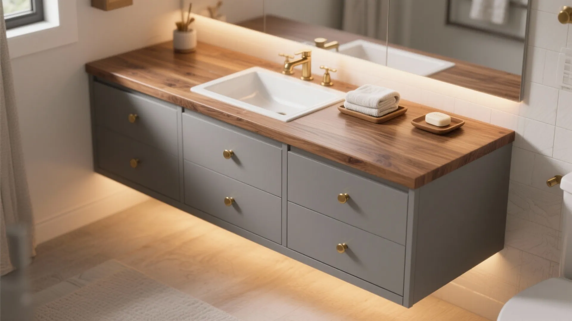 2. Two-Tone Contrast: Gray Base + Wood Counter