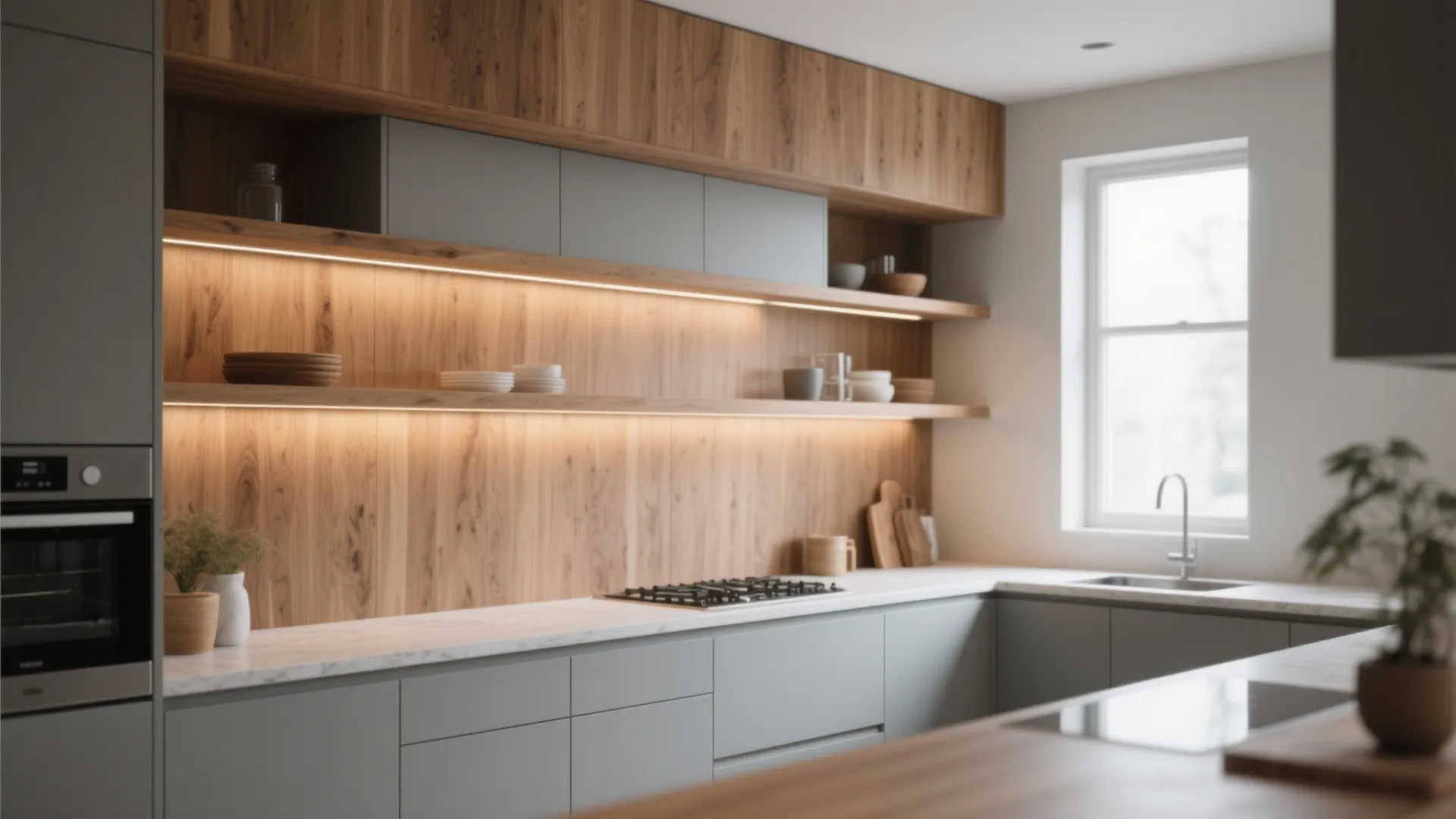 2. Gray + Warm Wood Contrast