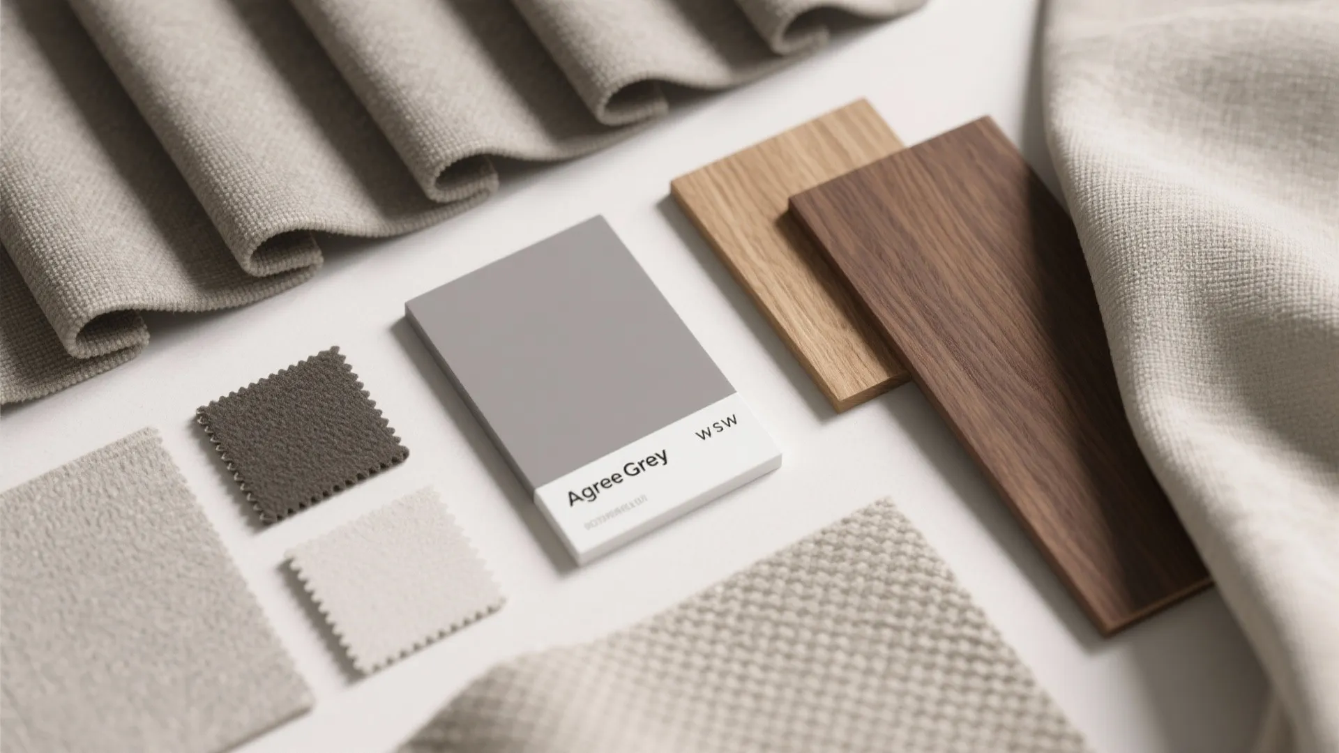 Grey paint swatch with wood samples and neutral fabric pieces on a clean white background surface