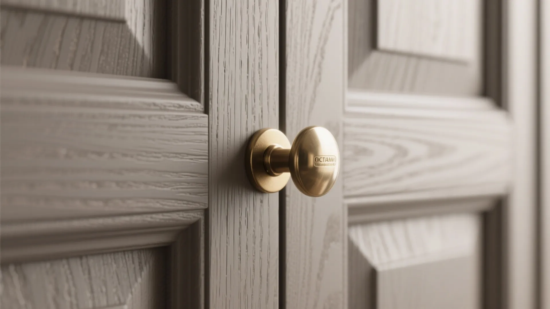 Close up of a round gold door knob on a grey textured wooden cabinet door panel