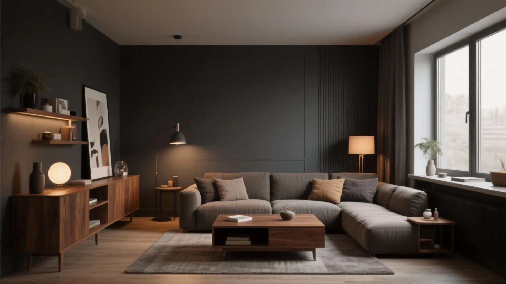 4. Dark Gray with Warm Wood Accents