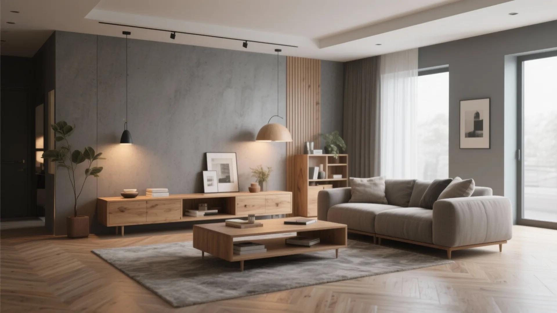 Living room with gray walls and natural wood furniture