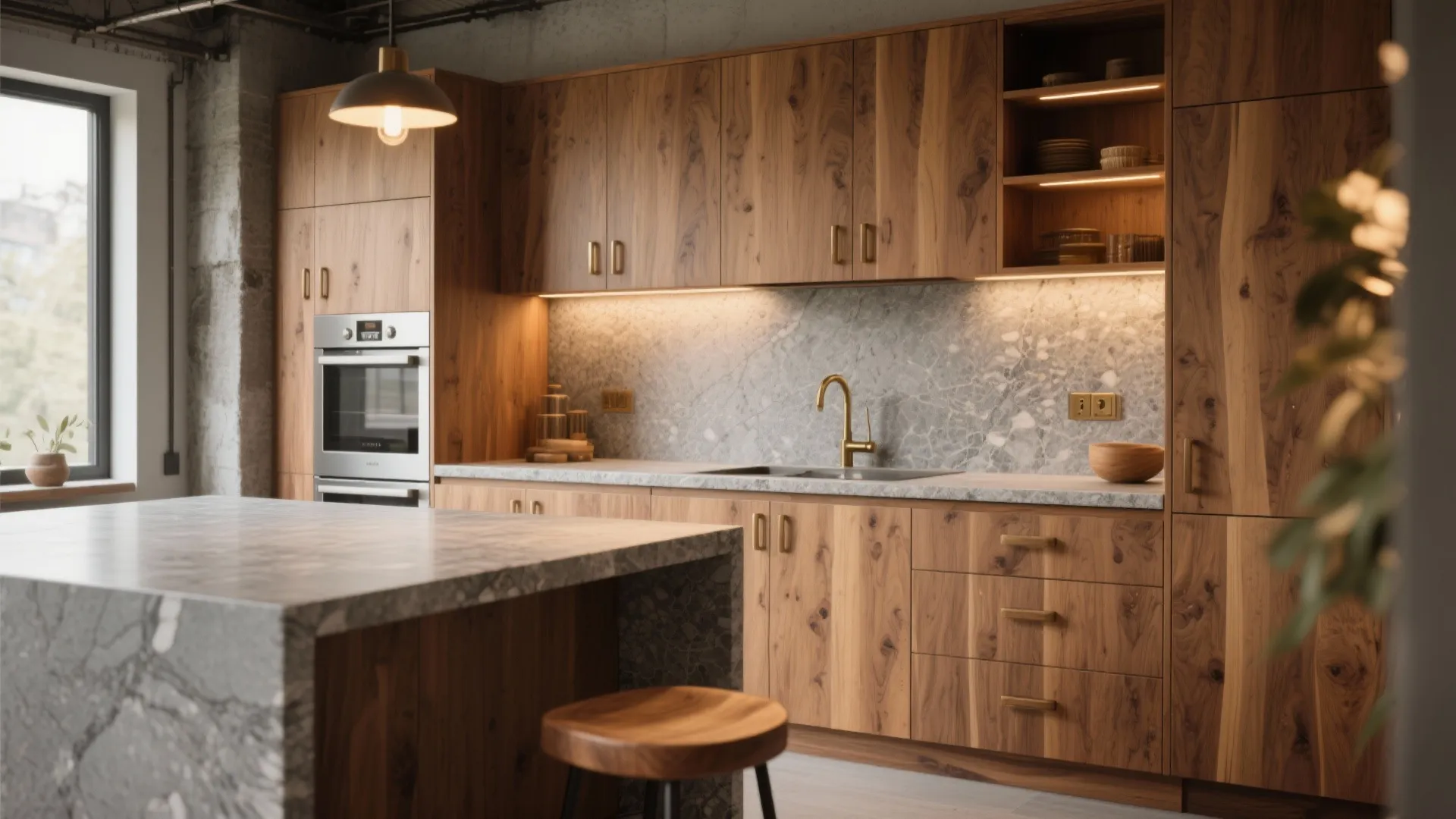 2. Pair gray granite with warm wood to soften the look