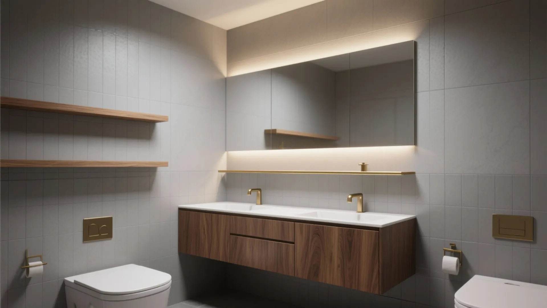 Gray tile bathroom with walnut veneer vanity and slim oak shelf under soft daylight.