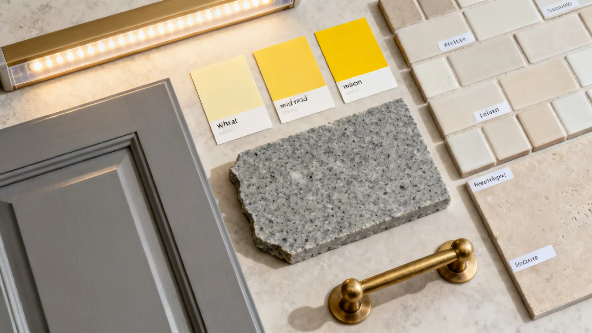 Top-down flat lay with gray cabinet sample, yellow paint swatches, quartz chip, and brass hardware.