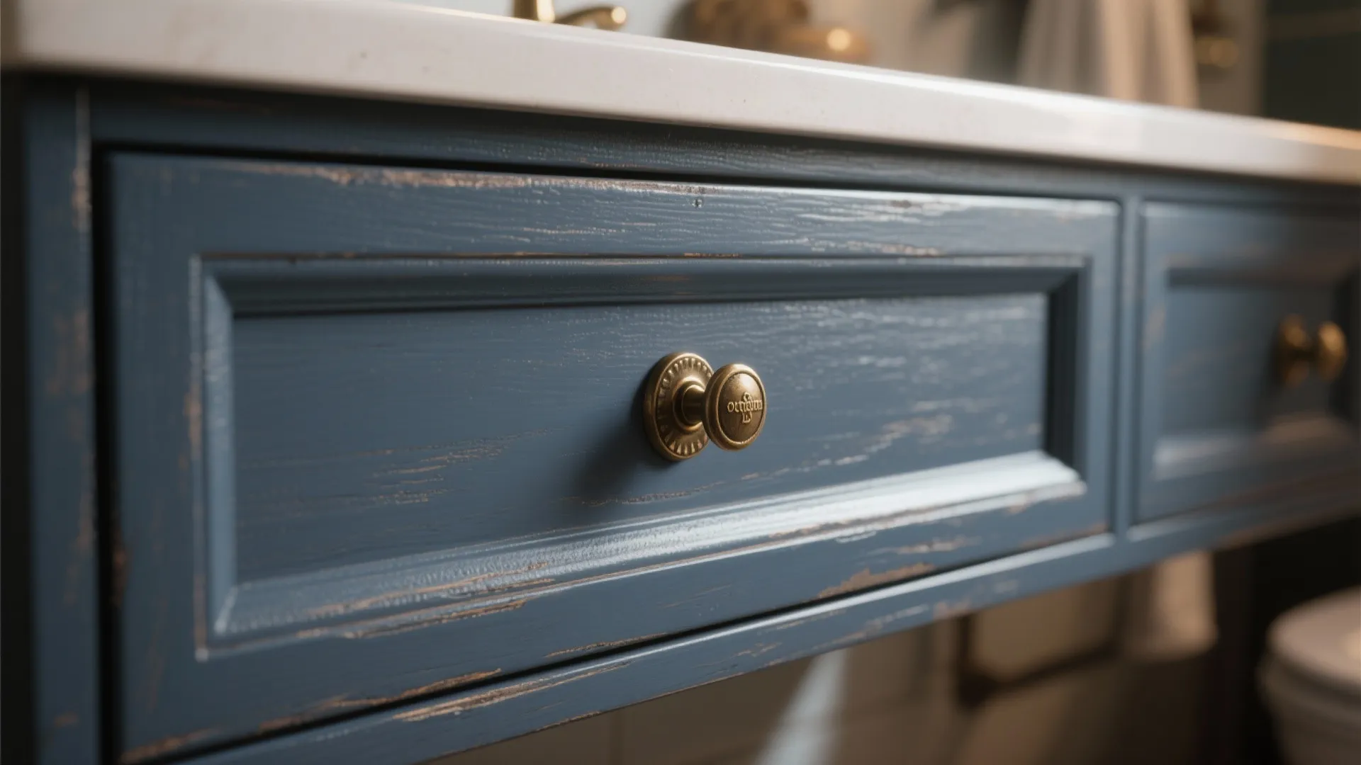 Deep gray-blue cabinetry with aged brass hardware and protective finish close-up