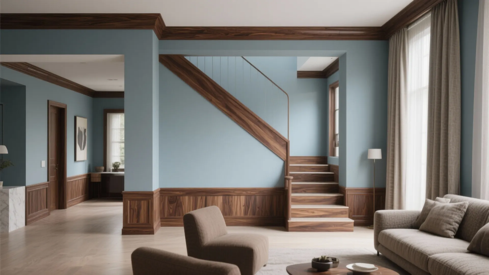 Modern blue living room with dark wood wall panels wooden stairs brown sofa and natural light