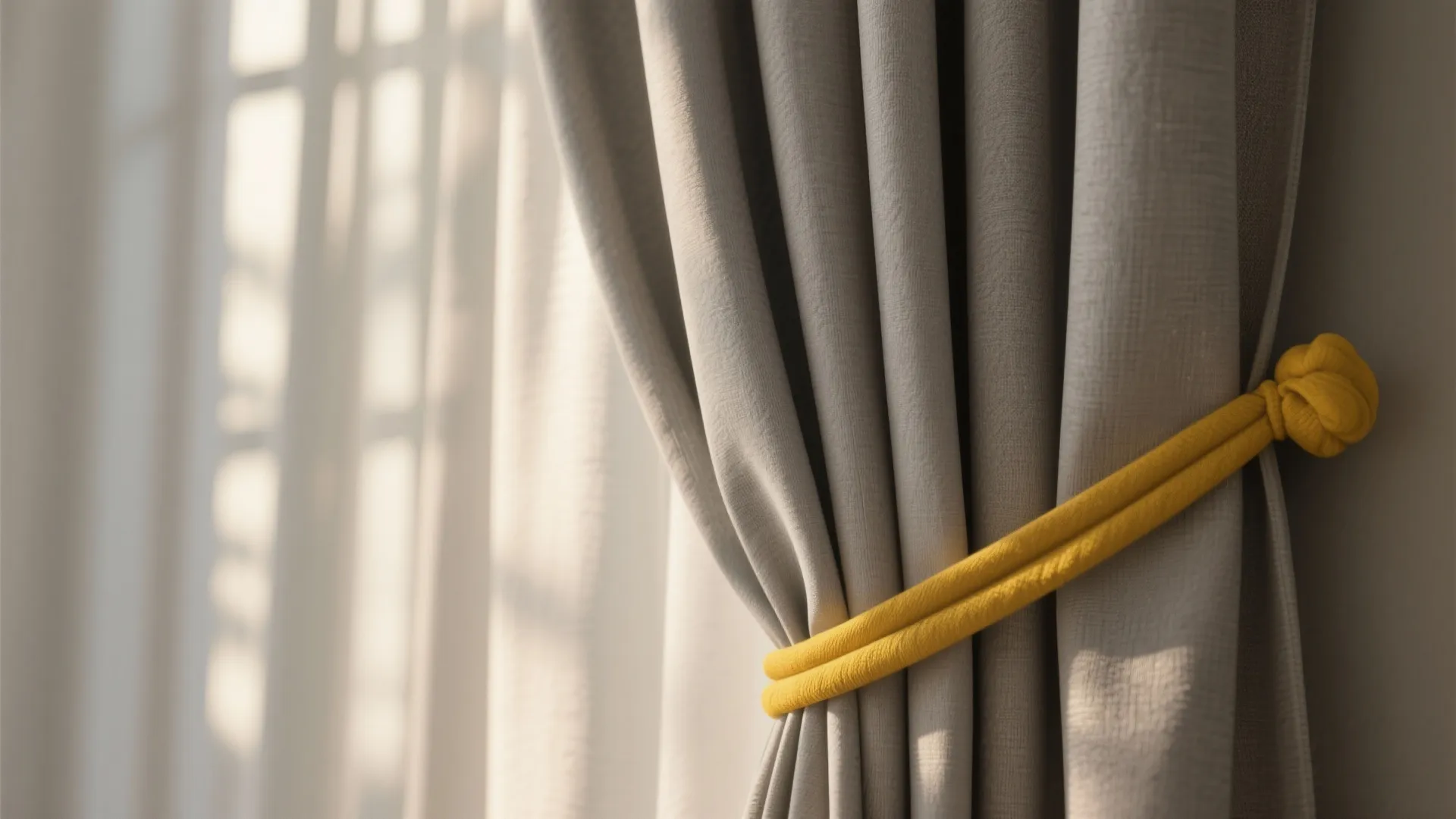 5. Soft Gray Curtains with Yellow Tiebacks
