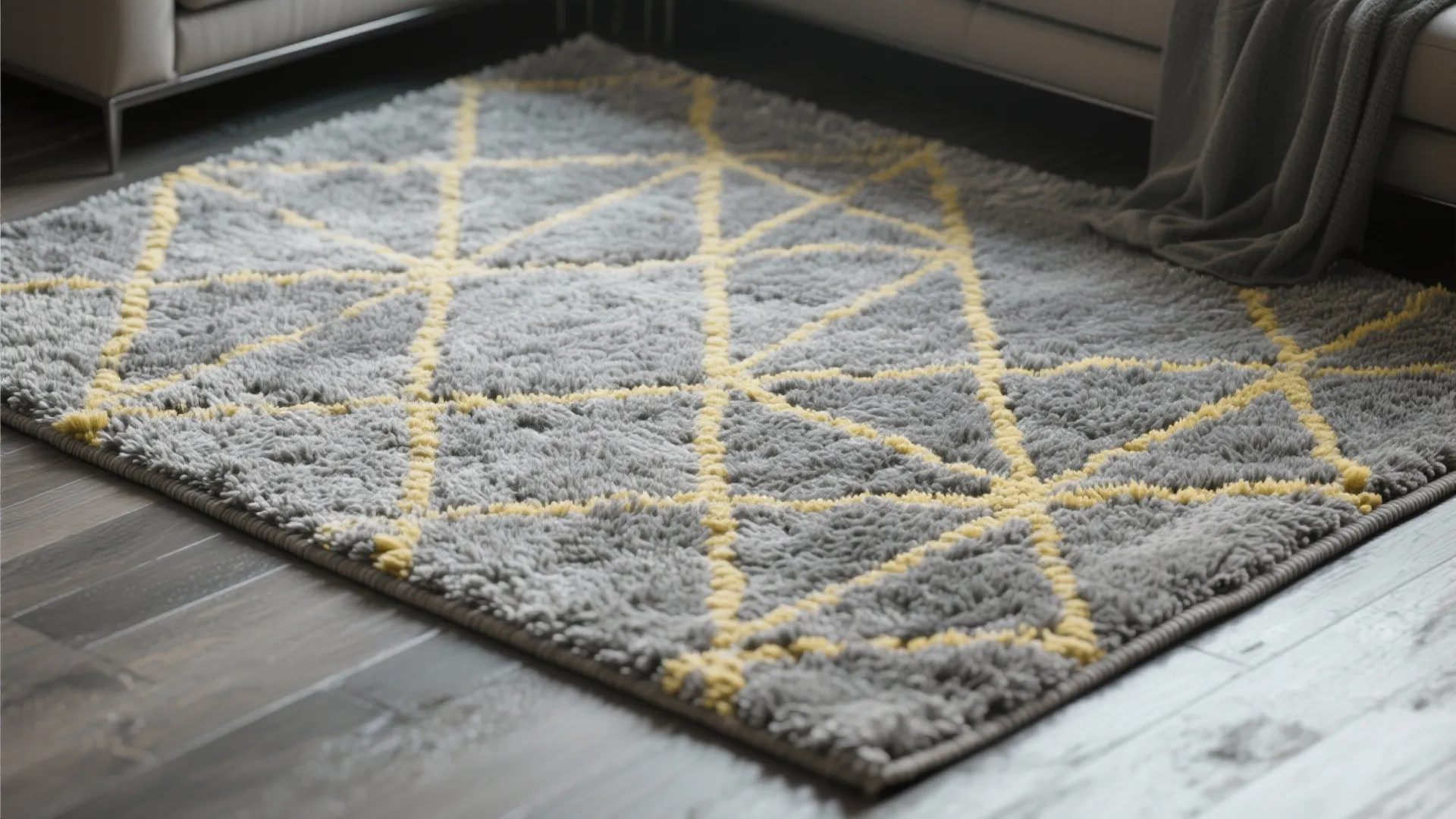 4. Gray Textured Rug with Yellow Geometric Patterns