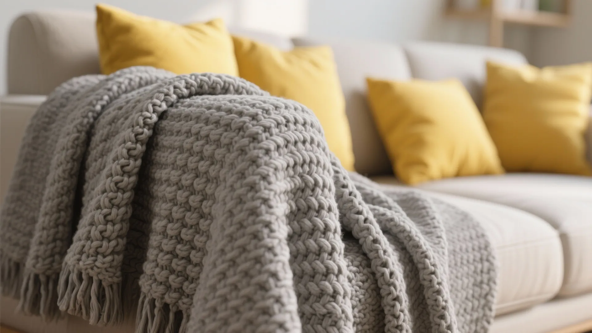 9. Cozy Gray Throw with Lemon-Yellow Cushions