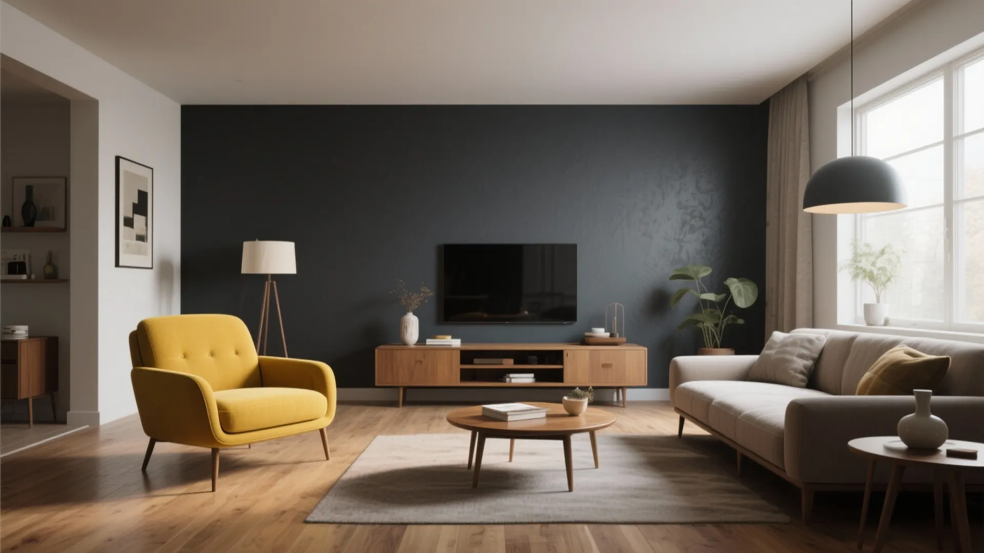 7. Gray Feature Wall with Yellow Armchair