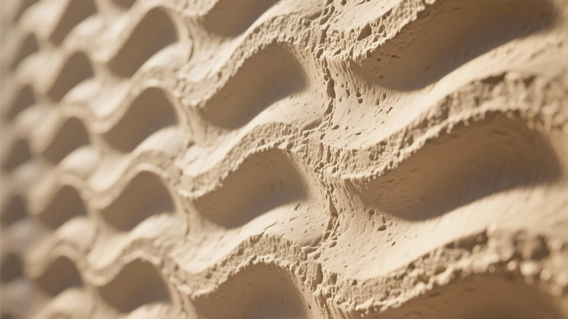 Macro of ribbed plaster texture under vertical grazing light, showing crisp detail and warm tone.