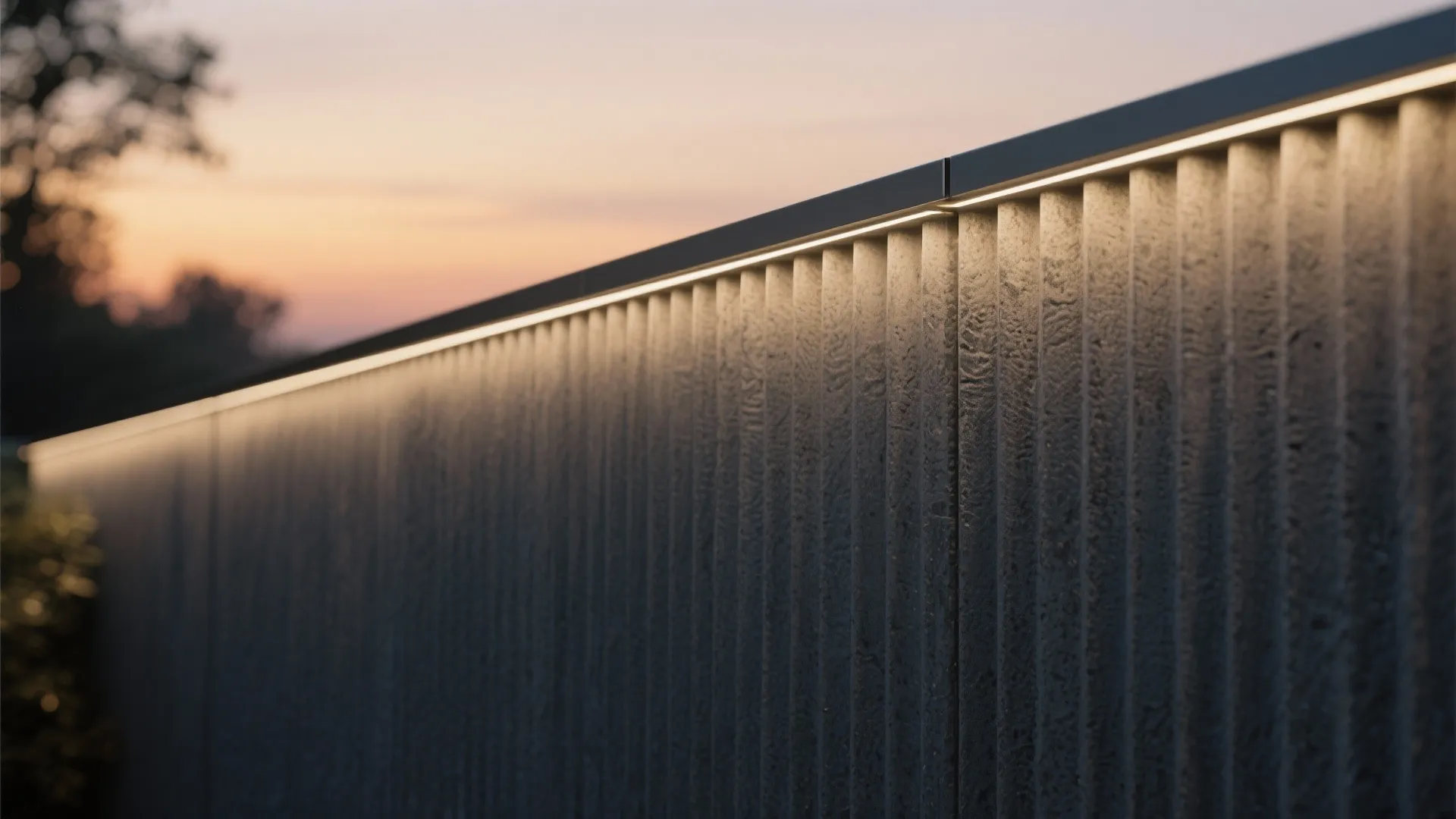 Close up of a textured grey wall panel with warm light strip at the top