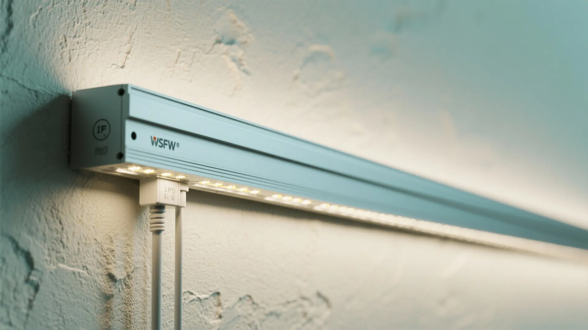 Macro of a linear wall grazer with wet-rated LED bar and precise optics creating micro-shadows on limewash.