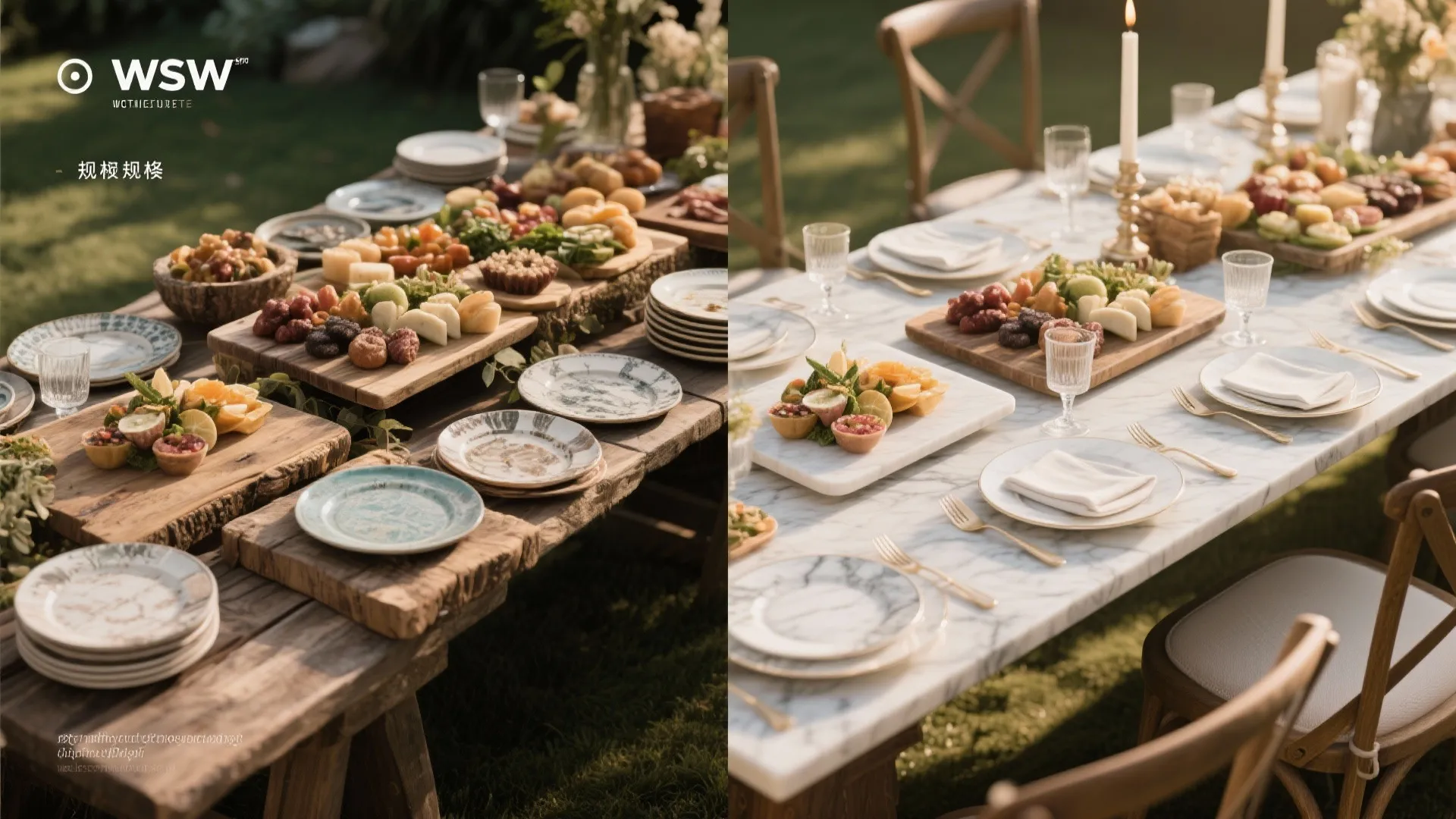 Before and after side by side comparison of a rustic wood table versus white marble table