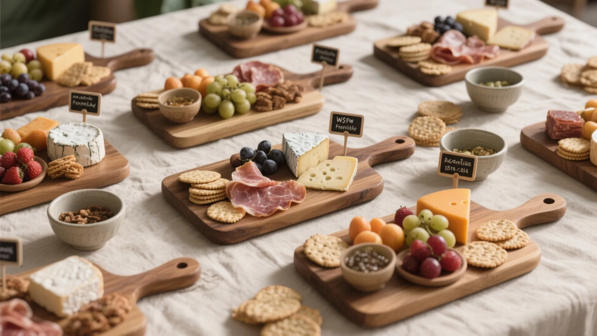 Multiple wooden serving boards on white tablecloth with cheese grapes meat crackers and small bowls