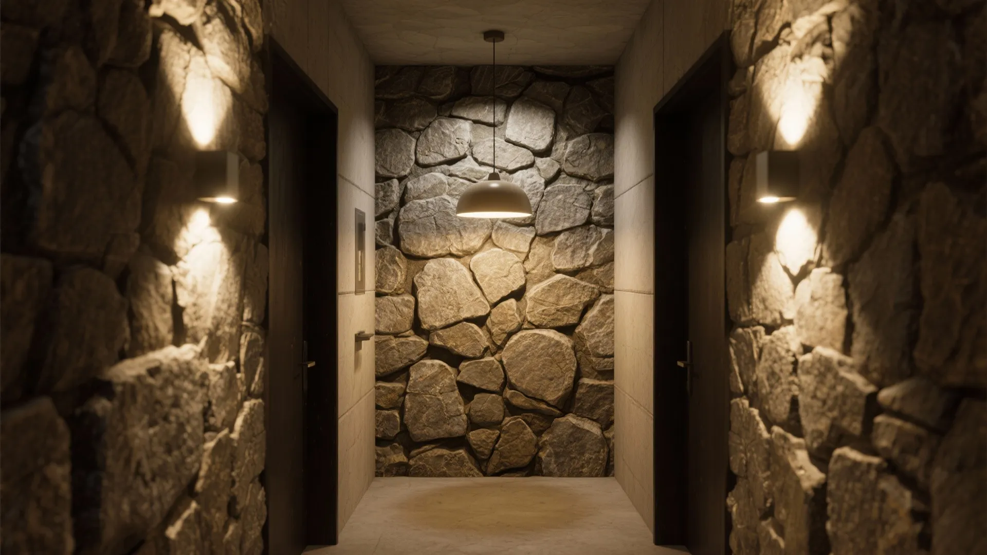Foyer showing grazing lights that emphasize every bump of a textured stone wall, paired with a soft pendant light.