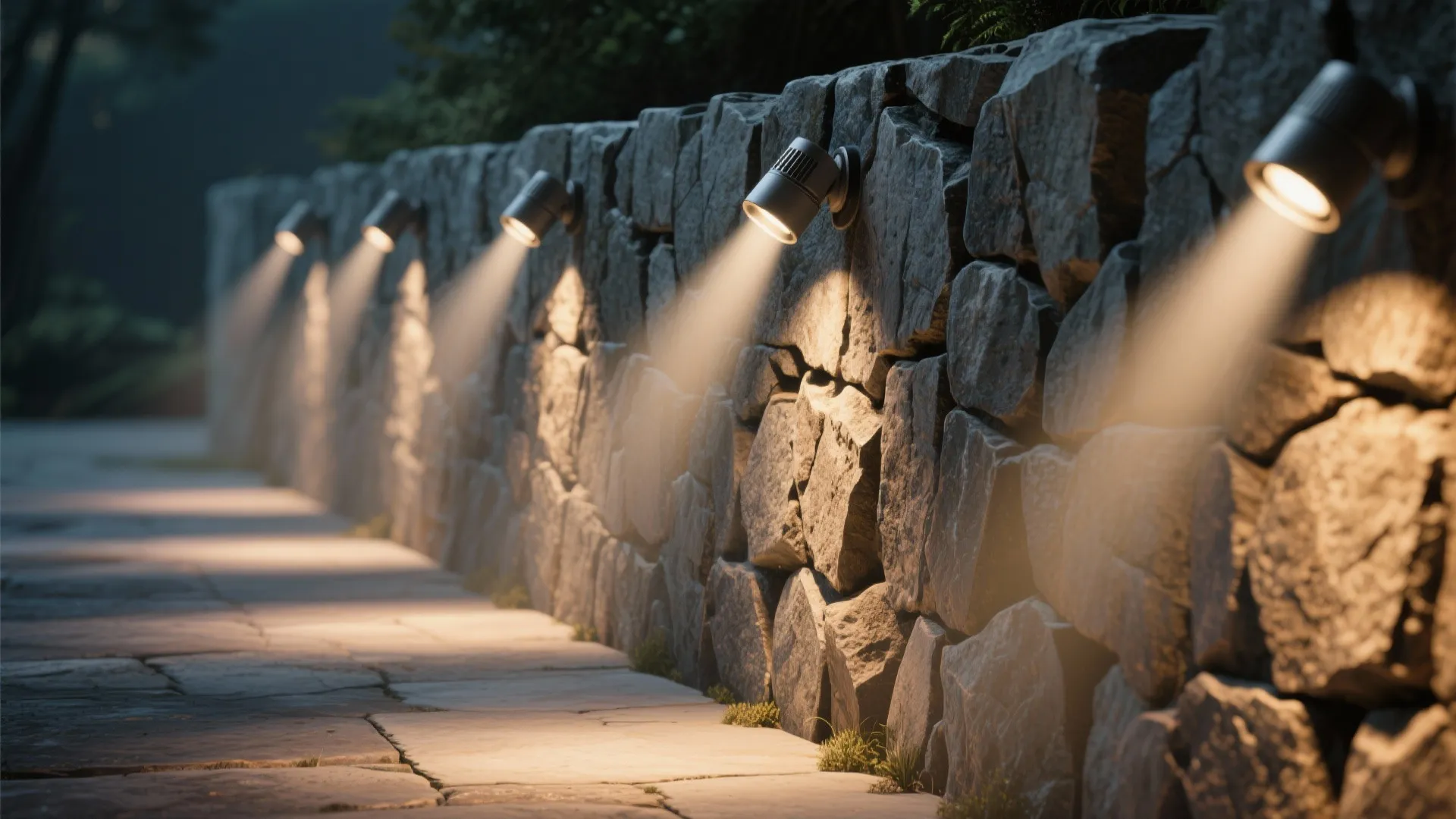 Row of outdoor wall lights shining downward on a stone wall along a paved walkway