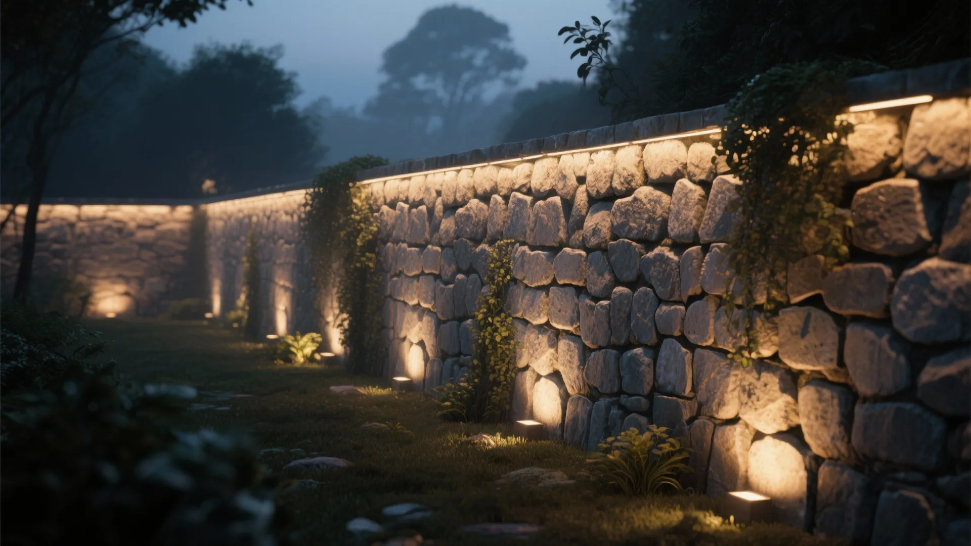 Cobblestone wall dramatically textured by grazing uplights at twilight.