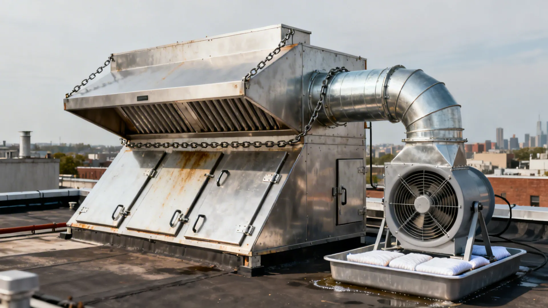 Cutaway view from hood to pitched grease duct with cleanouts up to a rooftop fan with containment tray.