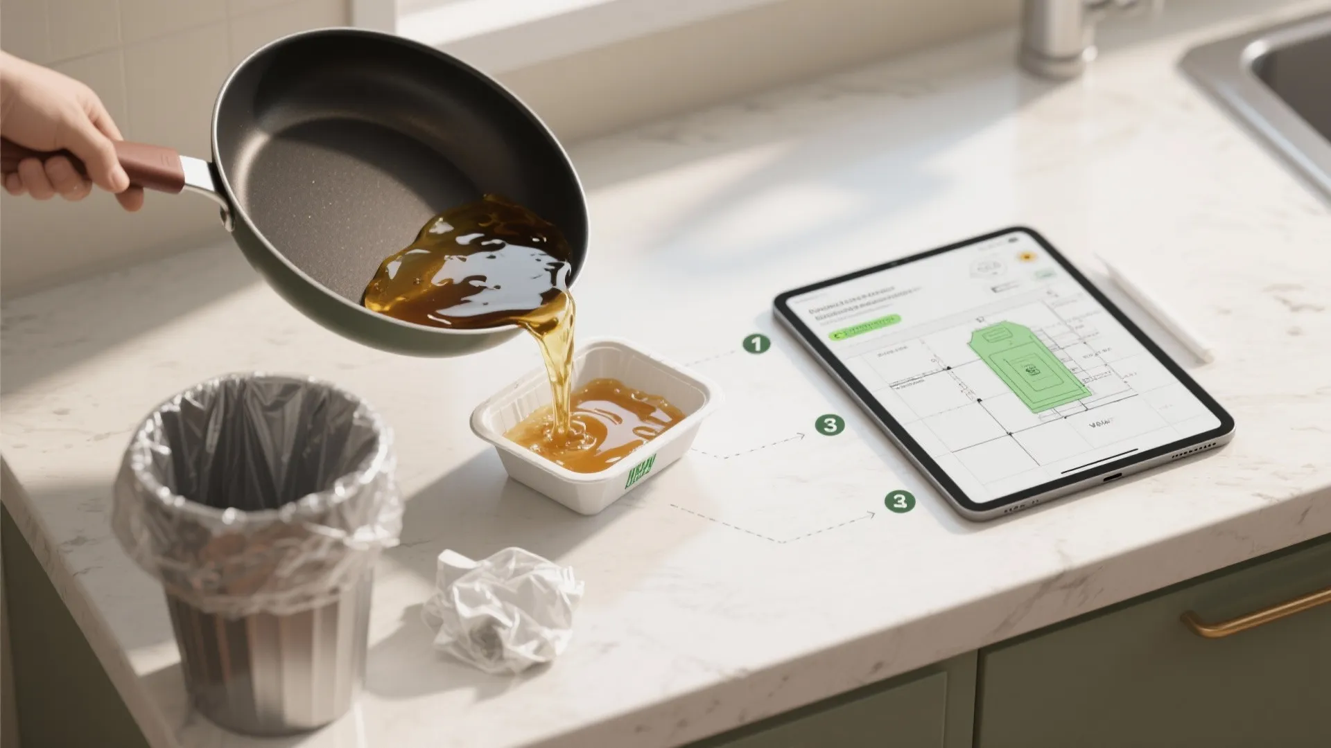 Pouring cooking oil from pan into plastic container on kitchen counter next to tablet screen