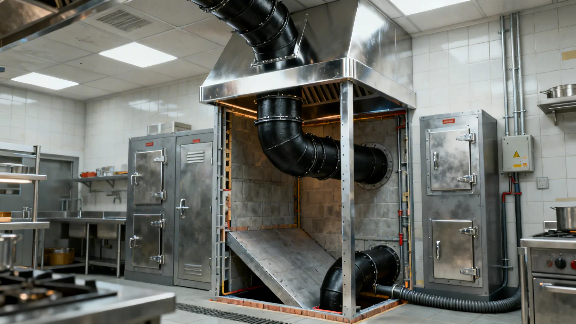 Cutaway view of welded black steel grease duct with cleanouts and rated shaft clearances.
